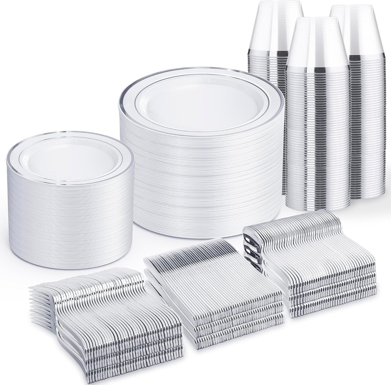 Silver Disposable Dinnerware Set – 25, 50, 75, 100 Guest Options, Plates, Silverware, Cups for Wedding, Party, Events